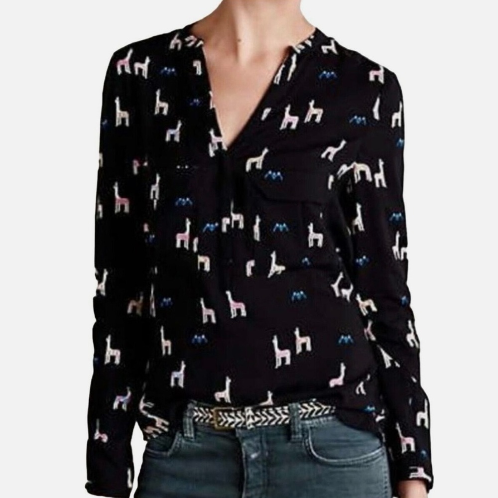 Maeve Anthropologie rare Llama print moonflower Henley blouse size 0